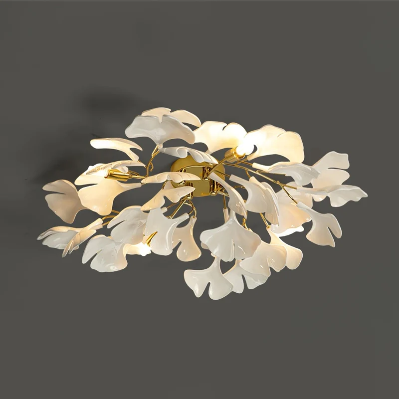 Keramische Hanglamp Ginkgo-Blad – Goudkleurige Armatuur met Witte Bladeren – Modern Natuurgeïnspireerd Design voor Woonkamer Eetkamer Slaapkamer | Sansoti
