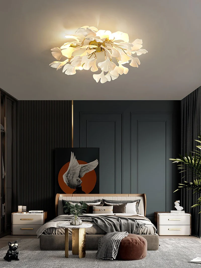 Keramische Hanglamp Ginkgo-Blad – Goudkleurige Armatuur met Witte Bladeren – Modern Natuurgeïnspireerd Design voor Woonkamer Eetkamer Slaapkamer | Sansoti