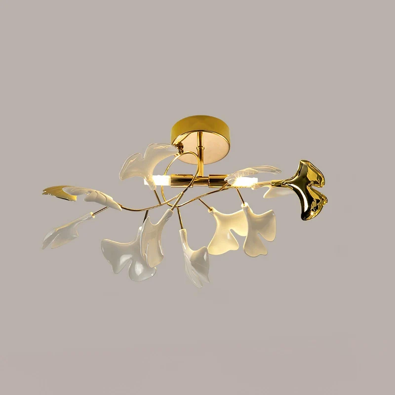 Keramische Hanglamp Ginkgo-Blad – Goudkleurige Armatuur met Witte Bladeren – Modern Natuurgeïnspireerd Design voor Woonkamer Eetkamer Slaapkamer | Sansoti