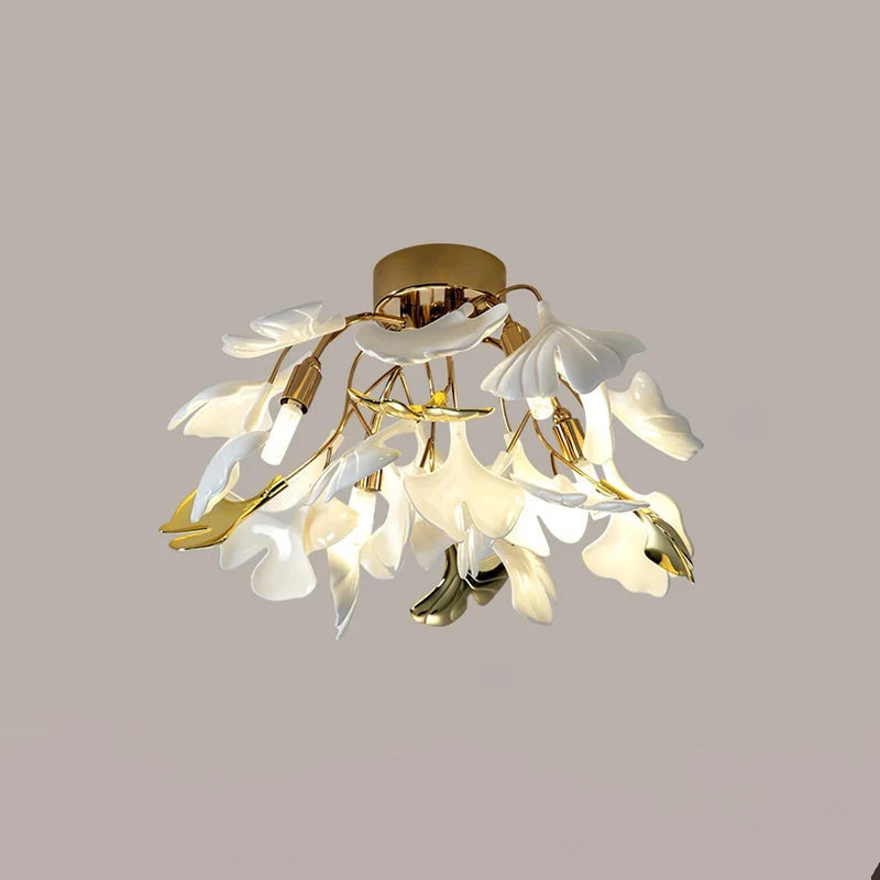 Keramische Hanglamp Ginkgo-Blad – Goudkleurige Armatuur met Witte Bladeren – Modern Natuurgeïnspireerd Design voor Woonkamer Eetkamer Slaapkamer | Sansoti