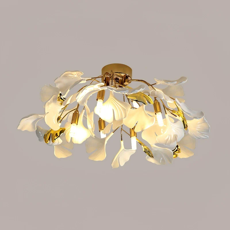 Keramische Hanglamp Ginkgo-Blad – Goudkleurige Armatuur met Witte Bladeren – Modern Natuurgeïnspireerd Design voor Woonkamer Eetkamer Slaapkamer | Sansoti