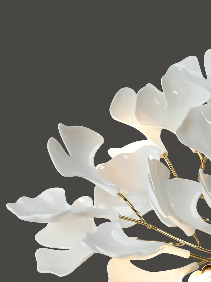 Keramische Hanglamp Ginkgo-Blad – Goudkleurige Armatuur met Witte Bladeren – Modern Natuurgeïnspireerd Design voor Woonkamer Eetkamer Slaapkamer | Sansoti