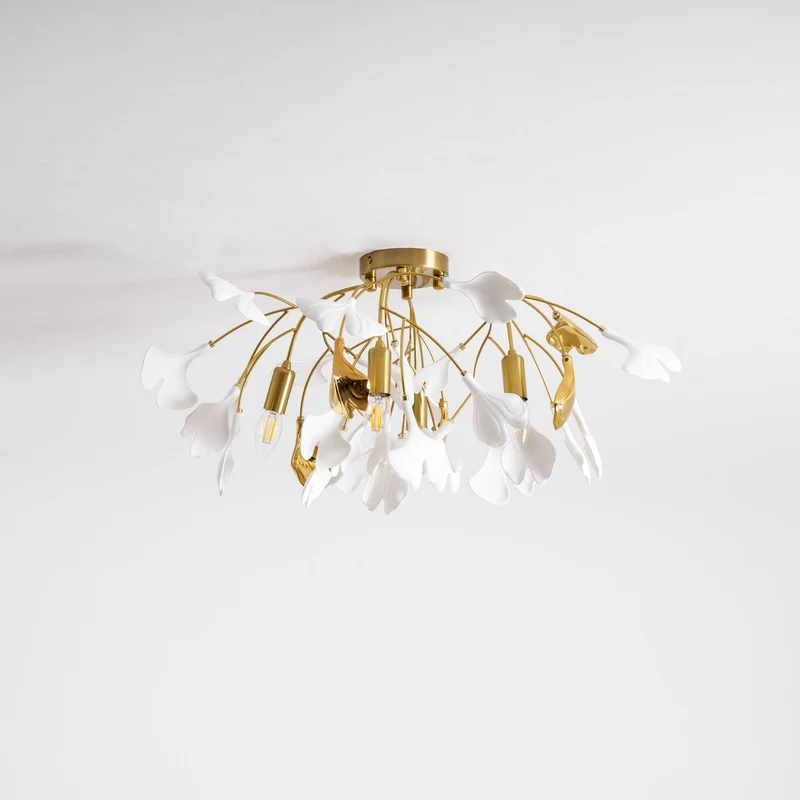 Keramische Hanglamp Ginkgo-Blad – Goudkleurige Armatuur met Witte Bladeren – Modern Natuurgeïnspireerd Design voor Woonkamer Eetkamer Slaapkamer | Sansoti