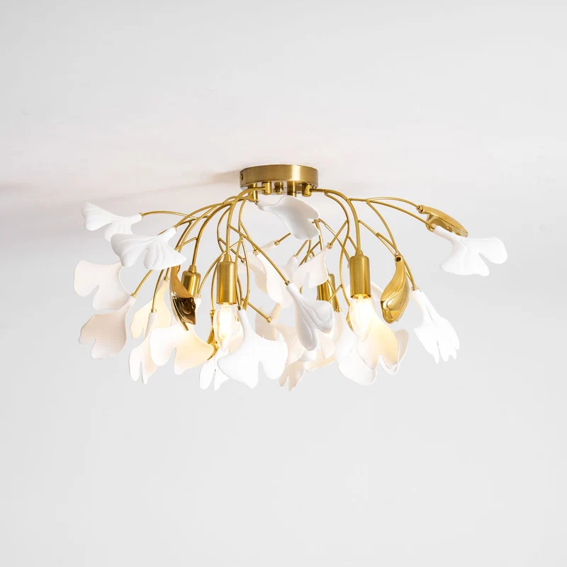 Keramische Hanglamp Ginkgo-Blad – Goudkleurige Armatuur met Witte Bladeren – Modern Natuurgeïnspireerd Design voor Woonkamer Eetkamer Slaapkamer | Sansoti