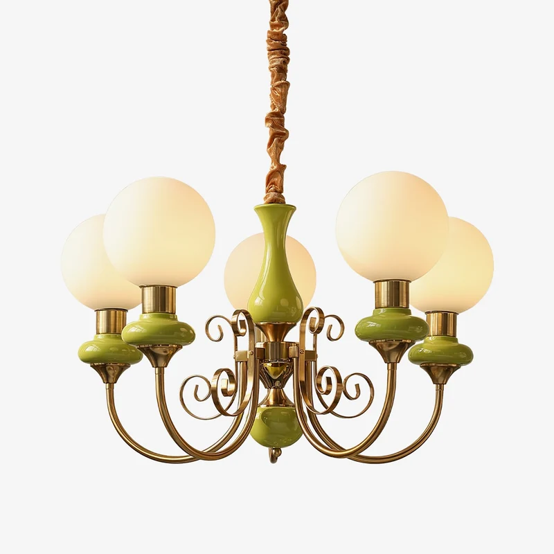 Kroonluchter met Groene Glazen Kappen en Gouden of Zwarte Afwerking – Luxe Hanglamp in 3, 5 of 8 Lichtpunten | Sansoti