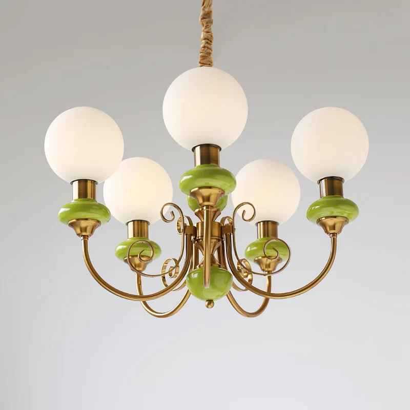 Kroonluchter met Groene Glazen Kappen en Gouden of Zwarte Afwerking – Luxe Hanglamp in 3, 5 of 8 Lichtpunten | Sansoti