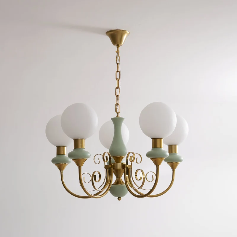 Kroonluchter met Groene Glazen Kappen en Gouden of Zwarte Afwerking – Luxe Hanglamp in 3, 5 of 8 Lichtpunten | Sansoti