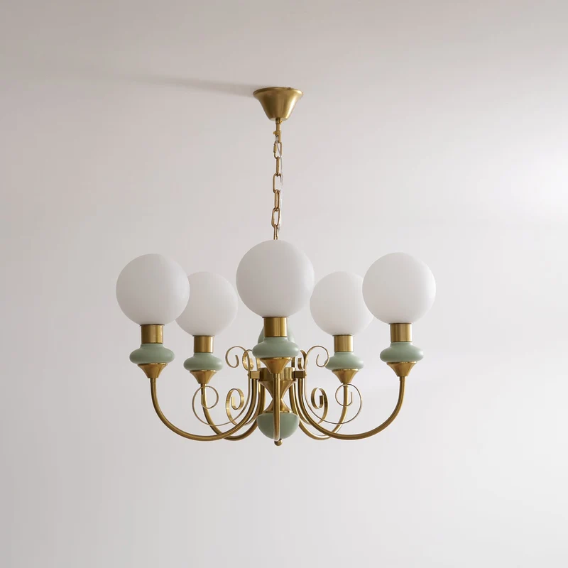 Kroonluchter met Groene Glazen Kappen en Gouden of Zwarte Afwerking – Luxe Hanglamp in 3, 5 of 8 Lichtpunten | Sansoti