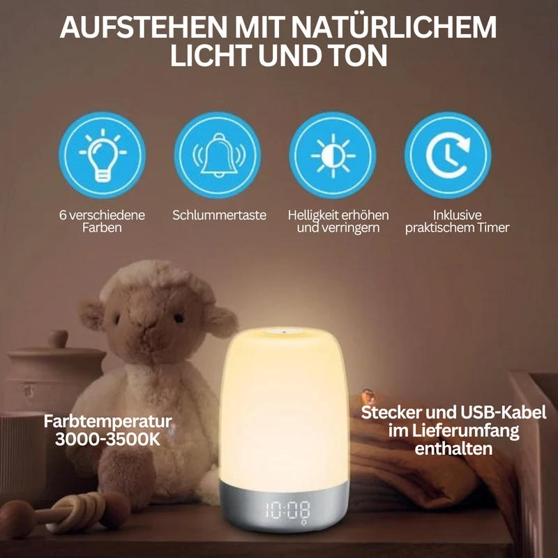 Wake-up Light met Natuurgeluiden en Zonsopgang-simulatie – Oplaadbaar USB-C Nachtlampje met Dimbaar Warm Licht | Sansoti