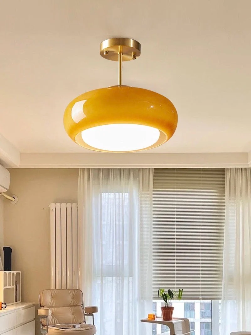 Plafondlamp Glazen Schijf Bauhaus Design Messing of Chroom Oranjegeel of Wit Glas Retro Stijlvolle Verlichting | Sansoti