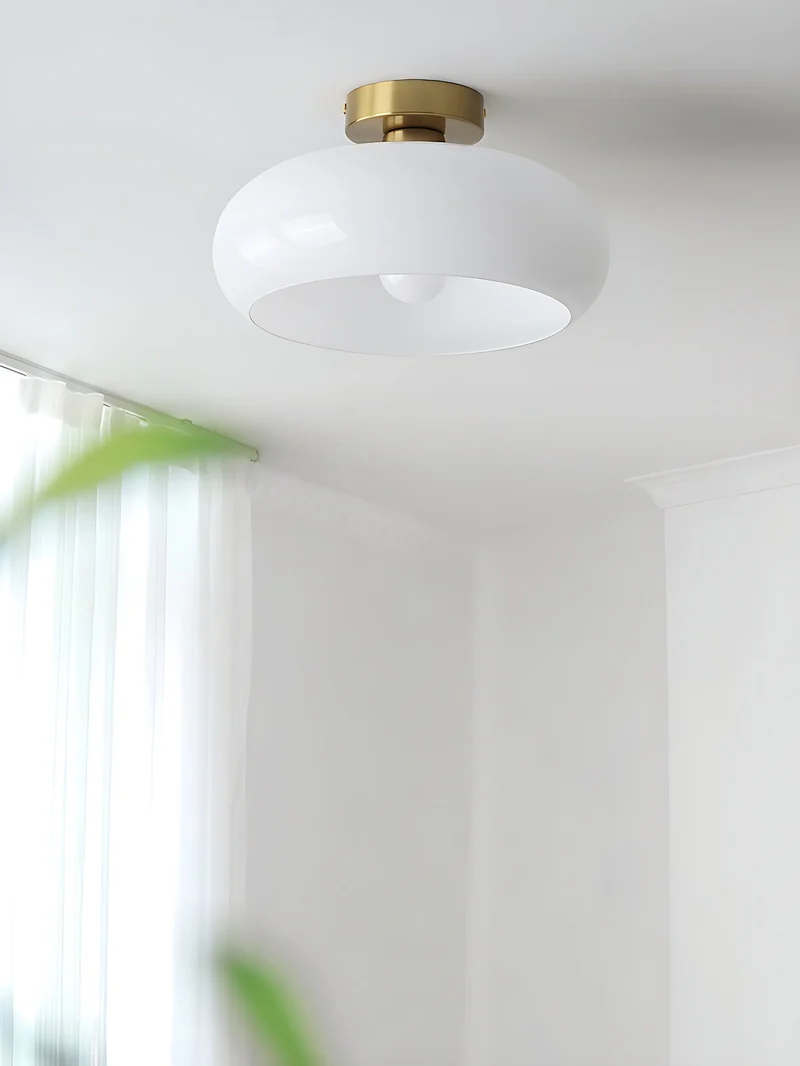 Plafondlamp Glazen Schijf Bauhaus Design Messing of Chroom Oranjegeel of Wit Glas Retro Stijlvolle Verlichting | Sansoti