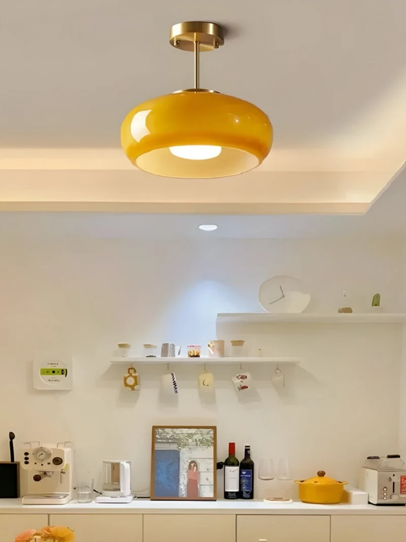 Plafondlamp Glazen Schijf Bauhaus Design Messing of Chroom Oranjegeel of Wit Glas Retro Stijlvolle Verlichting | Sansoti
