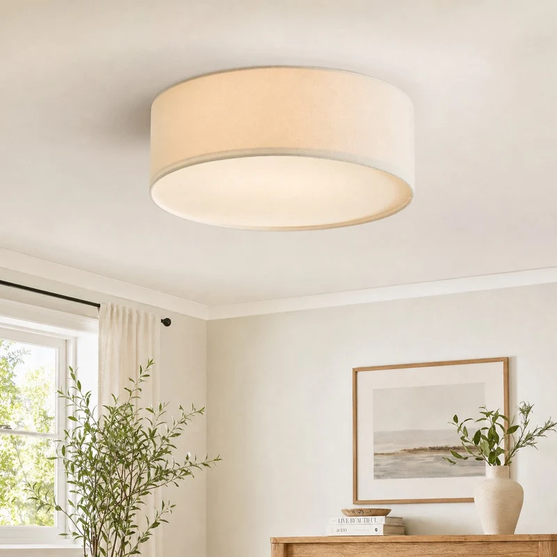 Plafondlamp met Linnen Kap – Drumvorm Ø30/45cm – Modern Scandinavisch Design – Elegante Verlichting Woonkamer Slaapkamer Eetkamer | Sansoti