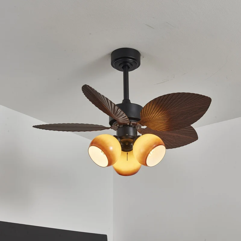Vintage Plafondventilator met Verlichting – 91cm Diameter – Walnoot Afwerking & Oranje Kap | Sansoti