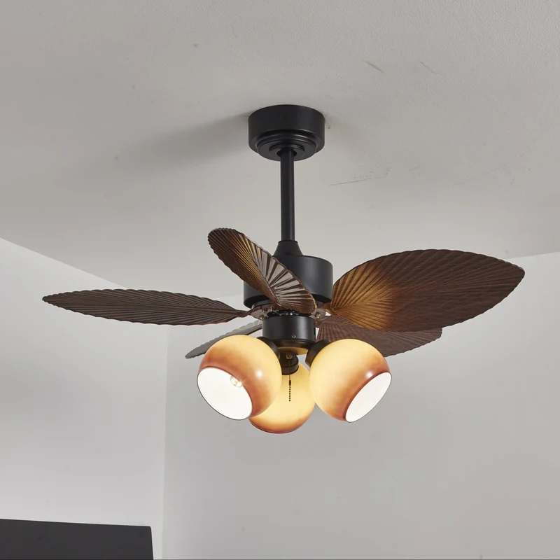 Vintage Plafondventilator met Verlichting – 91cm Diameter – Walnoot Afwerking & Oranje Kap | Sansoti
