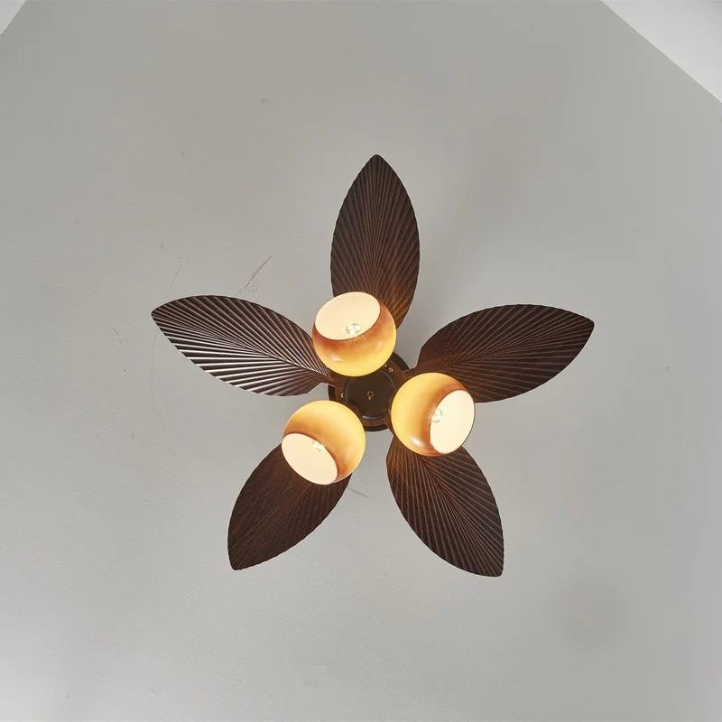 Vintage Plafondventilator met Verlichting – 91cm Diameter – Walnoot Afwerking & Oranje Kap | Sansoti