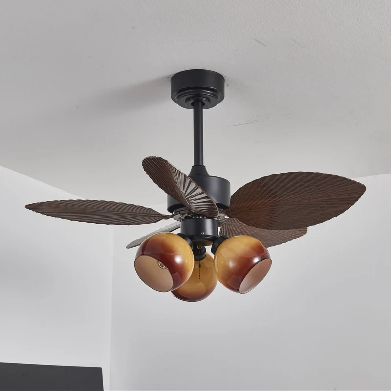 Vintage Plafondventilator met Verlichting – 91cm Diameter – Walnoot Afwerking & Oranje Kap | Sansoti