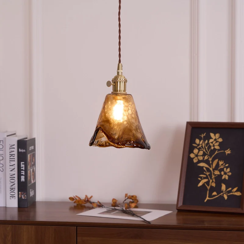 Vintage Hanglamp Messing & Amber Glas – Retro Verlichting Eetkamer Keukeneiland Bar Restaurant – E26/E27 Max 40W | Sansoti