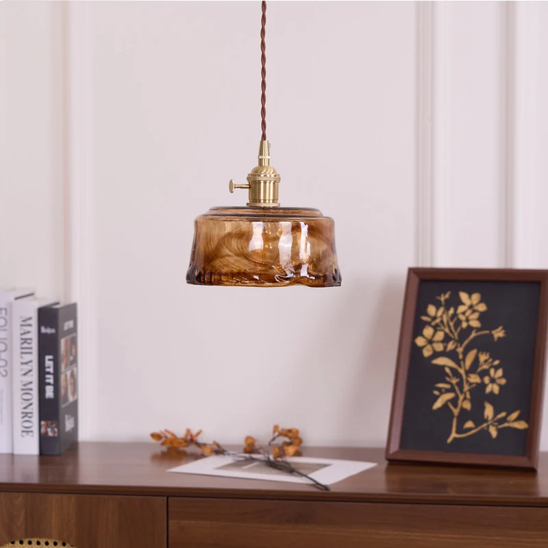 Vintage Hanglamp Messing & Amber Glas – Retro Verlichting Eetkamer Keukeneiland Bar Restaurant – E26/E27 Max 40W | Sansoti