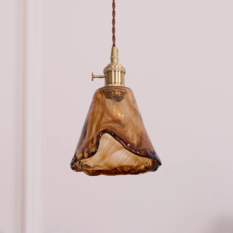 Vintage Hanglamp Messing & Amber Glas – Retro Verlichting Eetkamer Keukeneiland Bar Restaurant – E26/E27 Max 40W | Sansoti