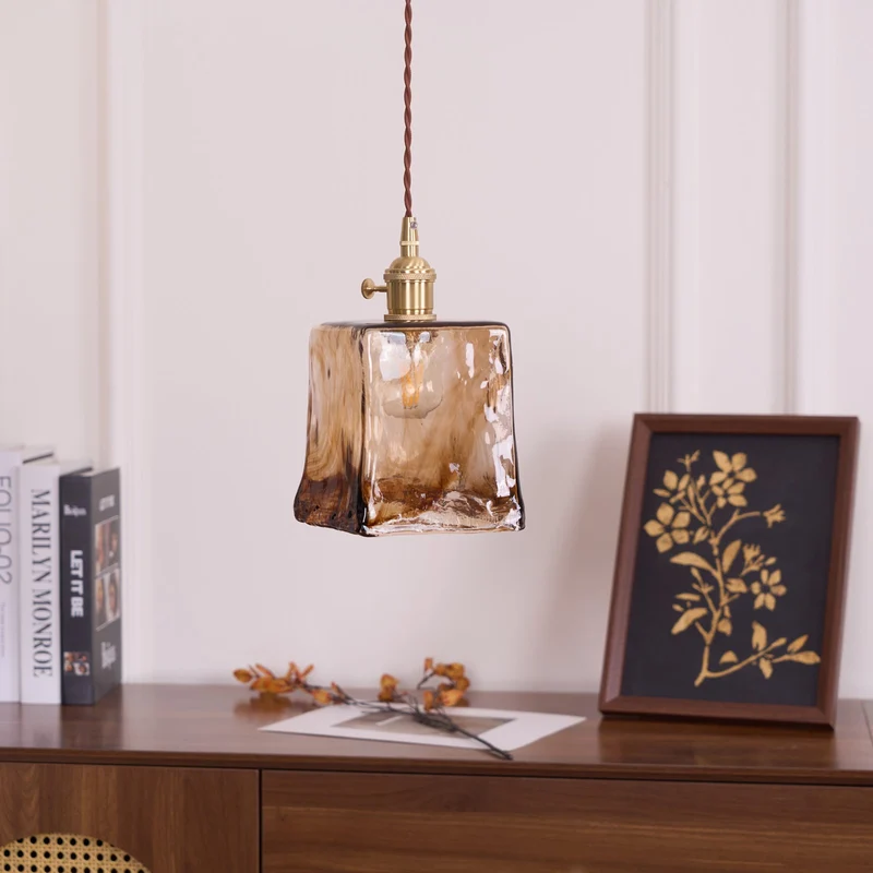 Vintage Hanglamp Messing & Amber Glas – Retro Verlichting Eetkamer Keukeneiland Bar Restaurant – E26/E27 Max 40W | Sansoti