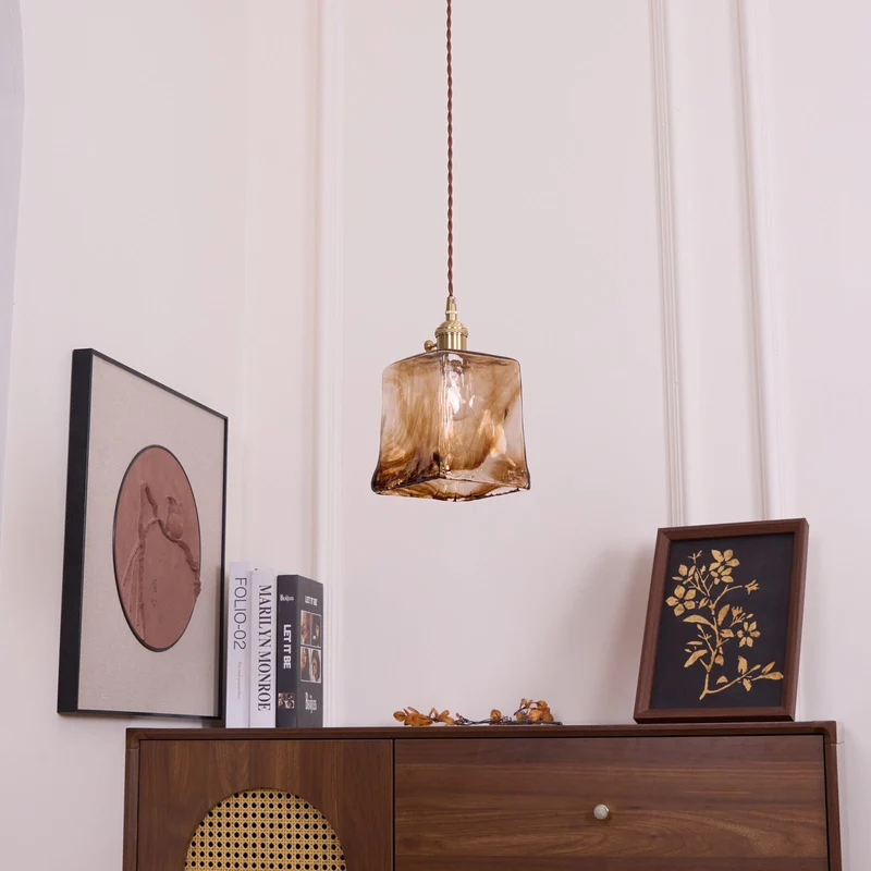 Vintage Hanglamp Messing & Amber Glas – Retro Verlichting Eetkamer Keukeneiland Bar Restaurant – E26/E27 Max 40W | Sansoti