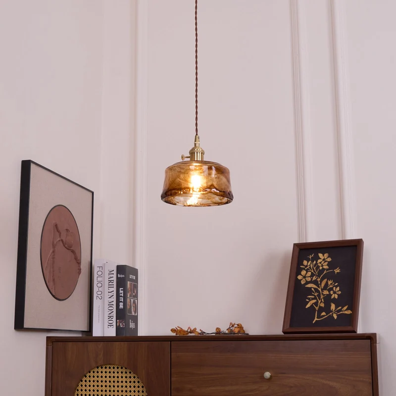 Vintage Hanglamp Messing & Amber Glas – Retro Verlichting Eetkamer Keukeneiland Bar Restaurant – E26/E27 Max 40W | Sansoti
