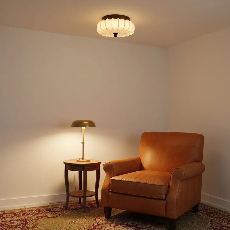 Plafondlamp met Walnoot Frame en Stoffen Kap – Vintage Design met Geïntegreerde LED | Sansoti