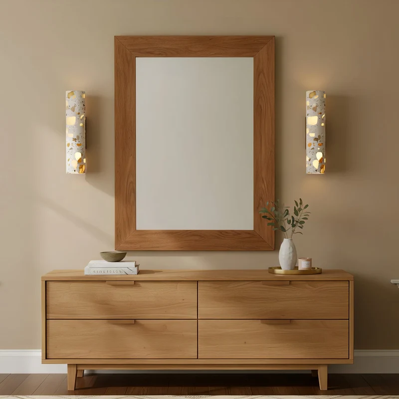 Wandlamp Terrazzo Cilinder – Walnoot Houten Basis – Handgemaakt Natuursteen – Retro Kolom Design – Warm Licht G9 – Woonkamer Slaapkamer Gang | Sansoti