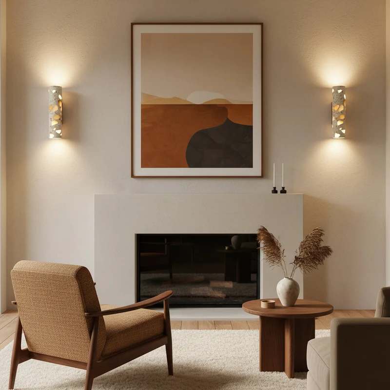 Wandlamp Terrazzo Cilinder – Walnoot Houten Basis – Handgemaakt Natuursteen – Retro Kolom Design – Warm Licht G9 – Woonkamer Slaapkamer Gang | Sansoti
