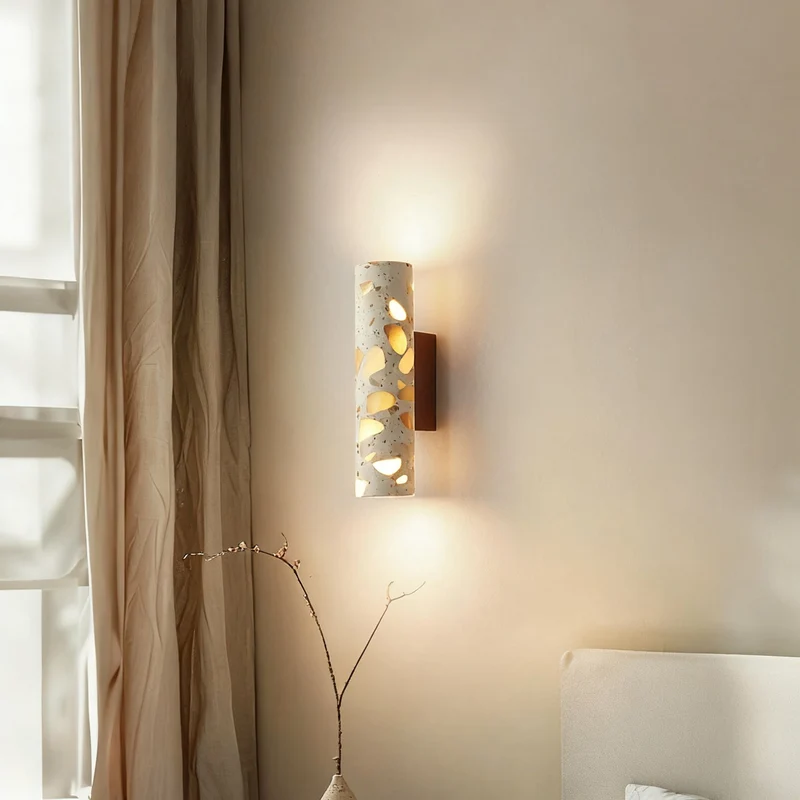 Wandlamp Terrazzo Cilinder – Walnoot Houten Basis – Handgemaakt Natuursteen – Retro Kolom Design – Warm Licht G9 – Woonkamer Slaapkamer Gang | Sansoti