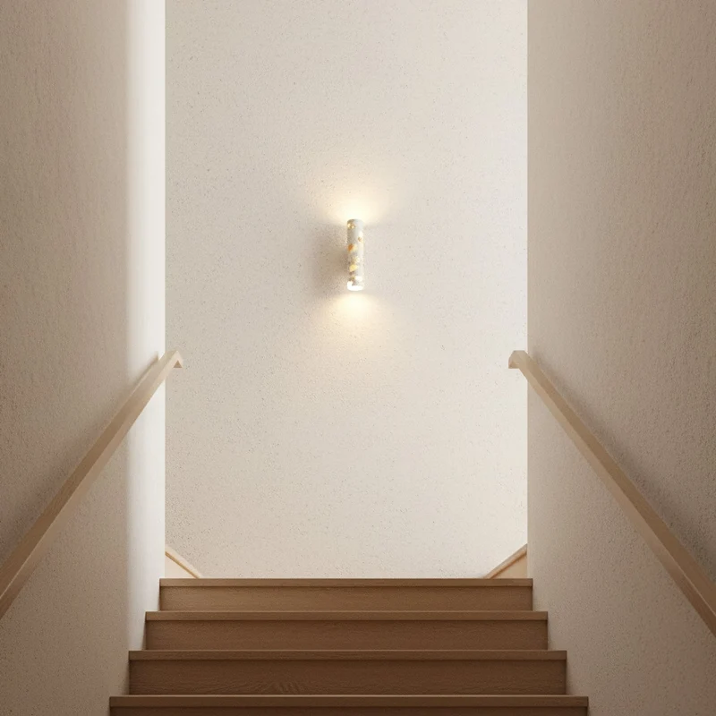 Wandlamp Terrazzo Cilinder – Walnoot Houten Basis – Handgemaakt Natuursteen – Retro Kolom Design – Warm Licht G9 – Woonkamer Slaapkamer Gang | Sansoti