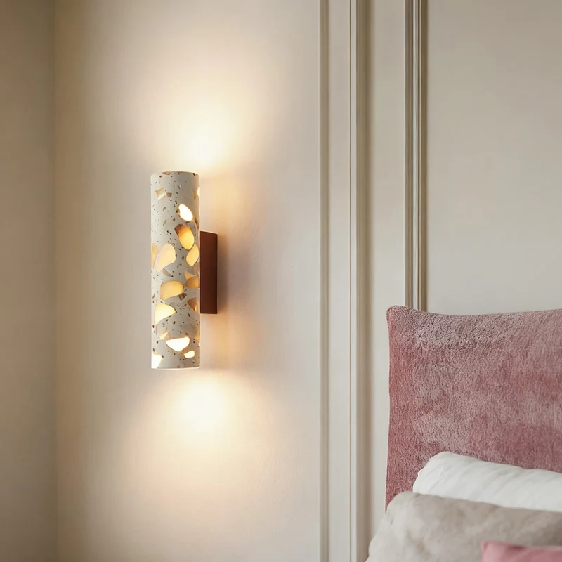 Wandlamp Terrazzo Cilinder – Walnoot Houten Basis – Handgemaakt Natuursteen – Retro Kolom Design – Warm Licht G9 – Woonkamer Slaapkamer Gang | Sansoti