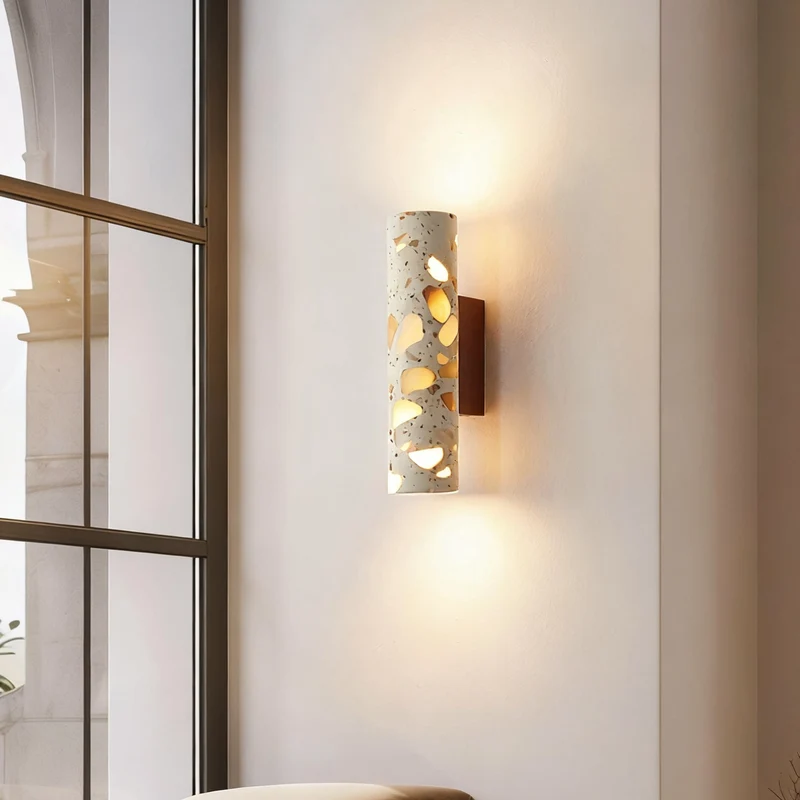 Wandlamp Terrazzo Cilinder – Walnoot Houten Basis – Handgemaakt Natuursteen – Retro Kolom Design – Warm Licht G9 – Woonkamer Slaapkamer Gang | Sansoti