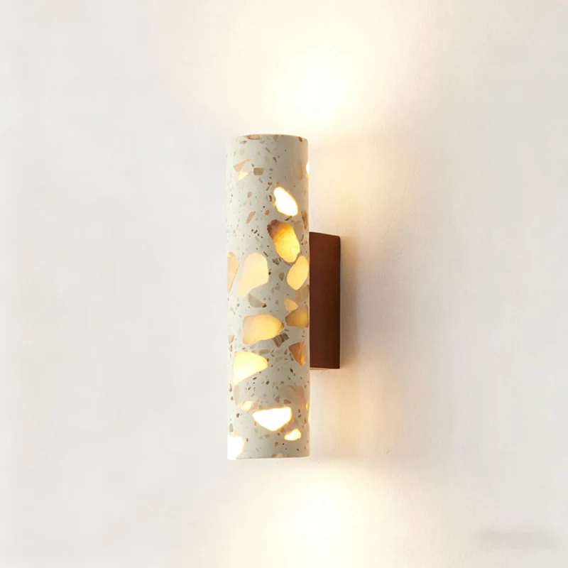 Wandlamp Terrazzo Cilinder – Walnoot Houten Basis – Handgemaakt Natuursteen – Retro Kolom Design – Warm Licht G9 – Woonkamer Slaapkamer Gang | Sansoti