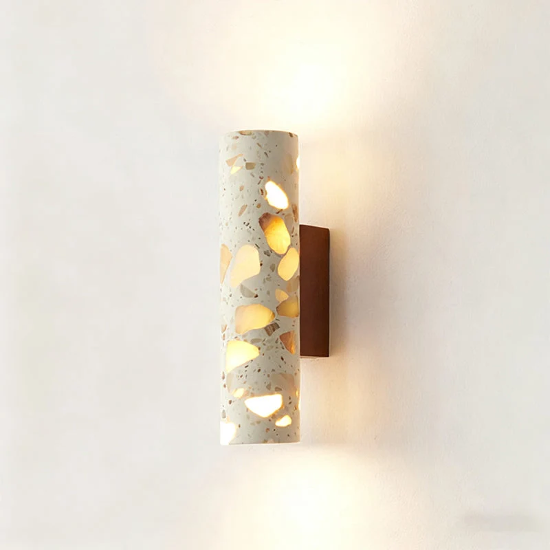 Wandlamp Terrazzo Cilinder – Walnoot Houten Basis – Handgemaakt Natuursteen – Retro Kolom Design – Warm Licht G9 – Woonkamer Slaapkamer Gang | Sansoti