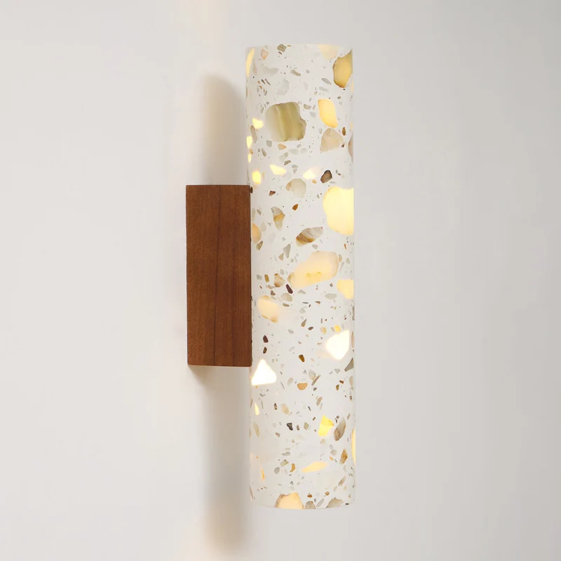 Wandlamp Terrazzo Cilinder – Walnoot Houten Basis – Handgemaakt Natuursteen – Retro Kolom Design – Warm Licht G9 – Woonkamer Slaapkamer Gang | Sansoti