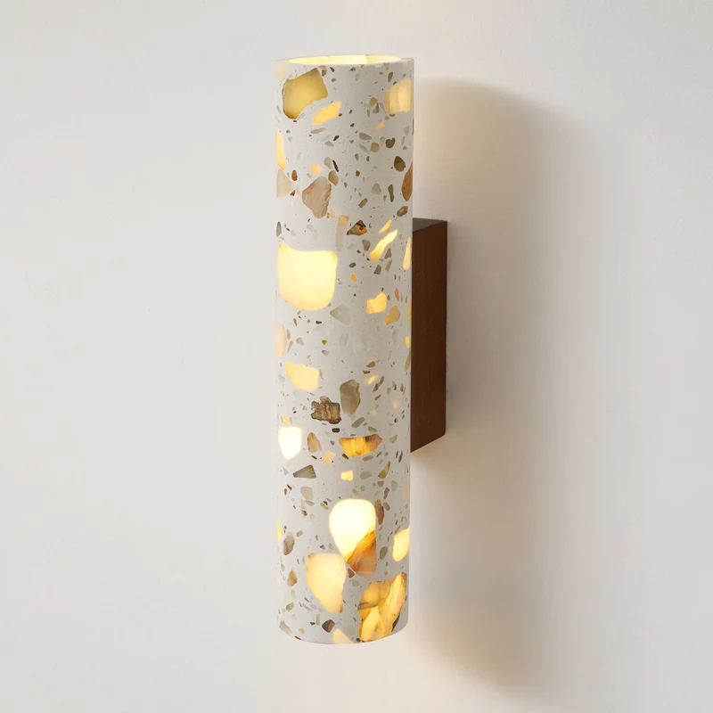 Wandlamp Terrazzo Cilinder – Walnoot Houten Basis – Handgemaakt Natuursteen – Retro Kolom Design – Warm Licht G9 – Woonkamer Slaapkamer Gang | Sansoti