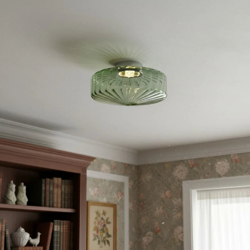 Vintage Geribbeld Glazen Plafondlamp Groen – Klassieke Verlichting voor Eetkamer, Entree & Gang | Sansoti