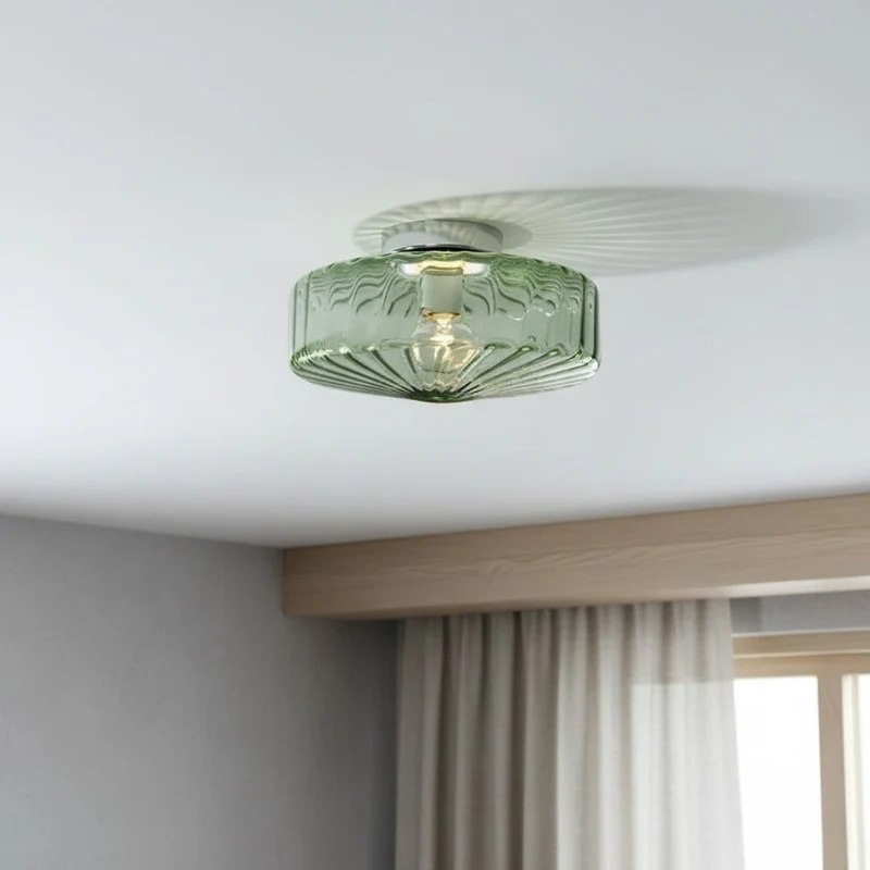 Vintage Geribbeld Glazen Plafondlamp Groen – Klassieke Verlichting voor Eetkamer, Entree & Gang | Sansoti