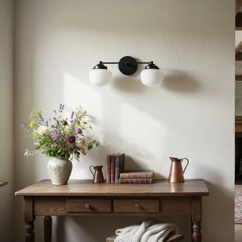 Globe Wandlamp Klassieke Badkamer Schoolhouse Verlichting Mat Opaal Glas voor Spiegel en Wastafel | Sansoti