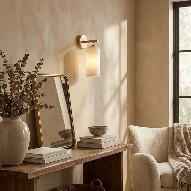 Albast Wandlamp Cilindervorm Minimalistisch Gouden Armatuur Warme Gloed Verlichting | Sansoti