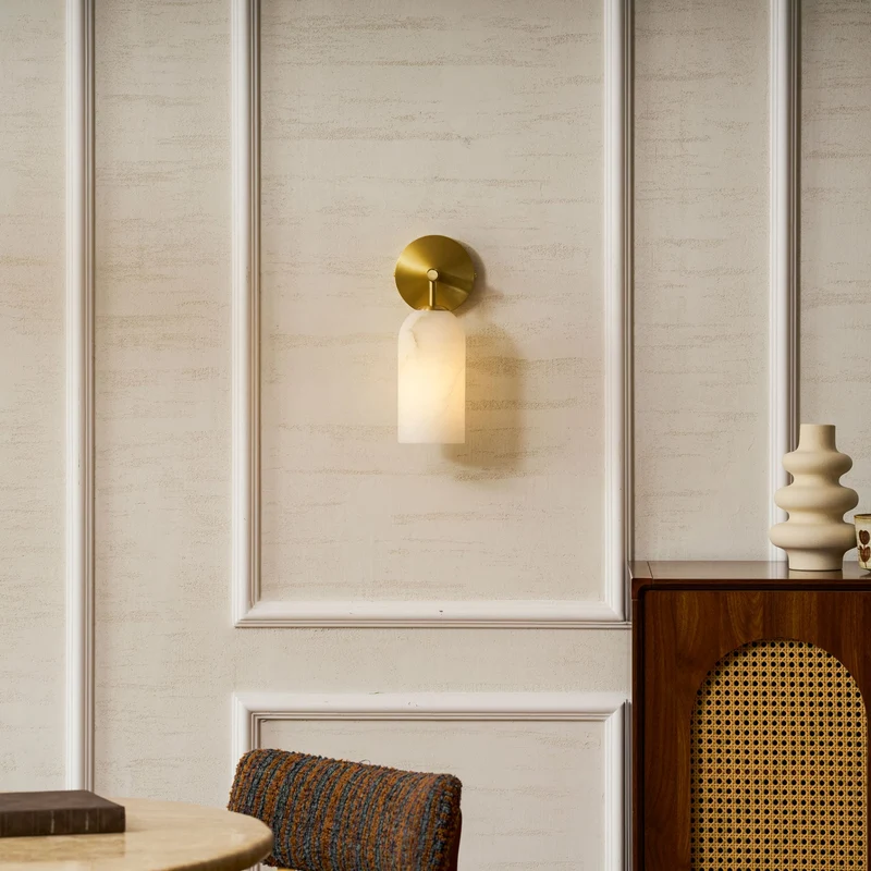 Albast Wandlamp Cilindervorm Minimalistisch Gouden Armatuur Warme Gloed Verlichting | Sansoti