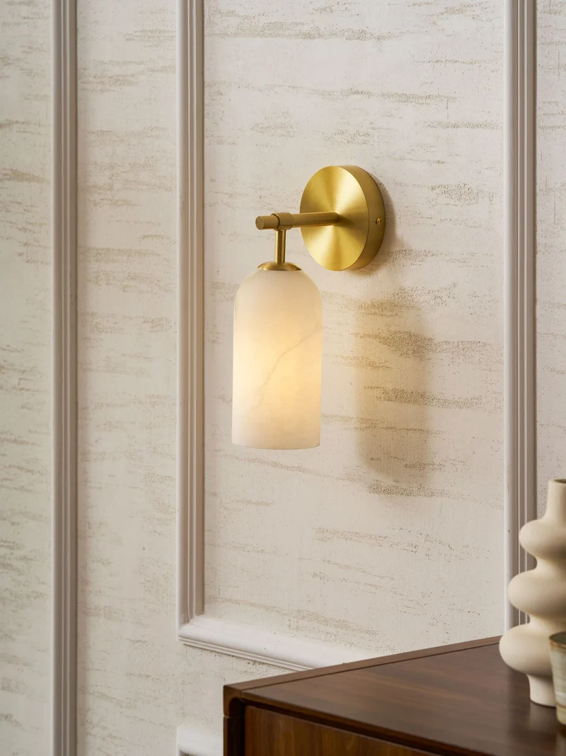 Albast Wandlamp Cilindervorm Minimalistisch Gouden Armatuur Warme Gloed Verlichting | Sansoti