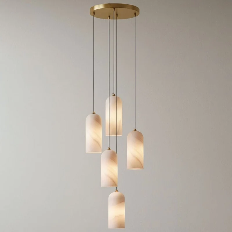 Alabasten Hanglamp met Gevlochten Snoer – Natuursteen Verlichting van Enkel Lichtpunt tot 21-Lichts Cluster – Mid-Century Modern Stijl Eetkamer Hanglamp met E12/E14 Fitting | Sansoti