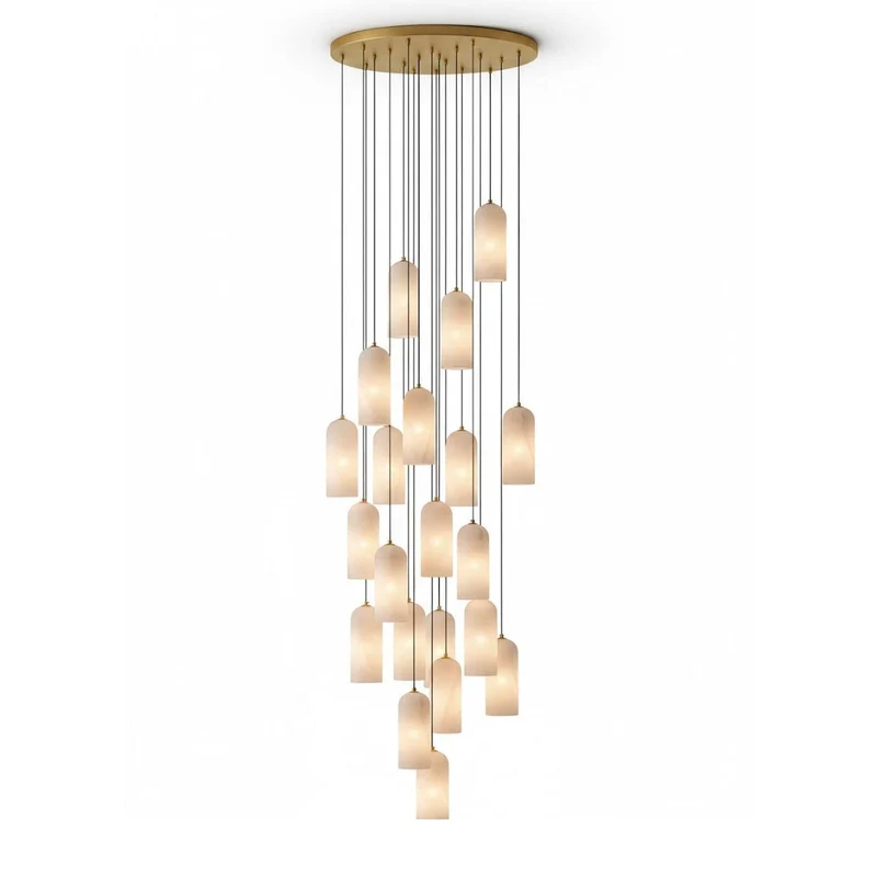 Alabasten Hanglamp met Gevlochten Snoer – Natuursteen Verlichting van Enkel Lichtpunt tot 21-Lichts Cluster – Mid-Century Modern Stijl Eetkamer Hanglamp met E12/E14 Fitting | Sansoti