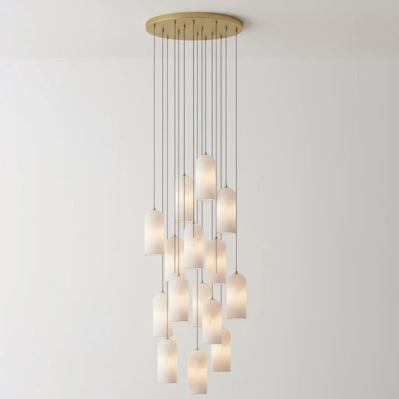 Alabasten Hanglamp met Gevlochten Snoer – Natuursteen Verlichting van Enkel Lichtpunt tot 21-Lichts Cluster – Mid-Century Modern Stijl Eetkamer Hanglamp met E12/E14 Fitting | Sansoti
