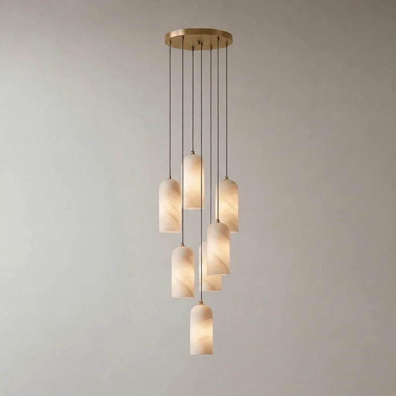 Alabasten Hanglamp met Gevlochten Snoer – Natuursteen Verlichting van Enkel Lichtpunt tot 21-Lichts Cluster – Mid-Century Modern Stijl Eetkamer Hanglamp met E12/E14 Fitting | Sansoti