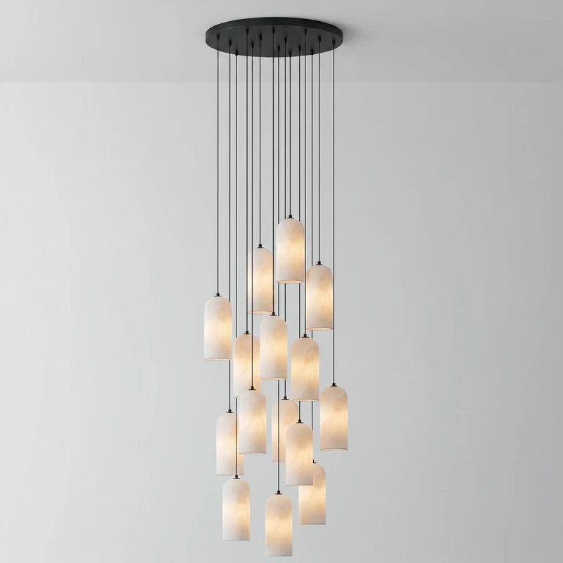 Alabasten Hanglamp met Gevlochten Snoer – Natuursteen Verlichting van Enkel Lichtpunt tot 21-Lichts Cluster – Mid-Century Modern Stijl Eetkamer Hanglamp met E12/E14 Fitting | Sansoti