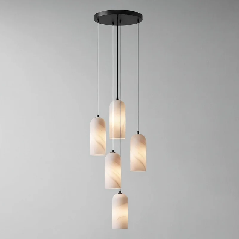 Alabasten Hanglamp met Gevlochten Snoer – Natuursteen Verlichting van Enkel Lichtpunt tot 21-Lichts Cluster – Mid-Century Modern Stijl Eetkamer Hanglamp met E12/E14 Fitting | Sansoti